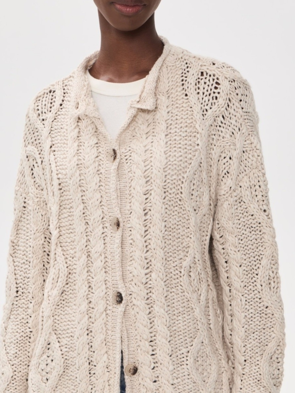 Free People Textured Cable Knit Button-Up Cardigan - Cream